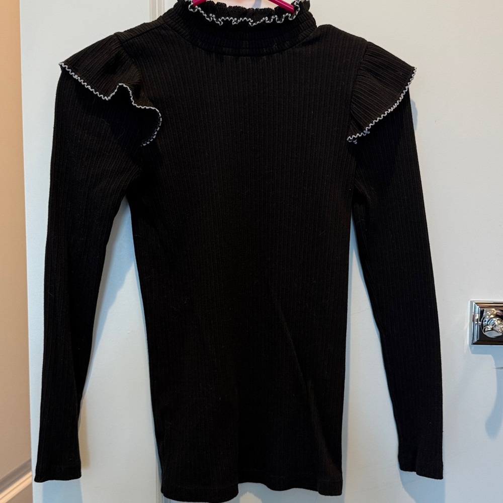 LOFT Ribbed Black Mockneck with White Ruffled Trim Size XSP
